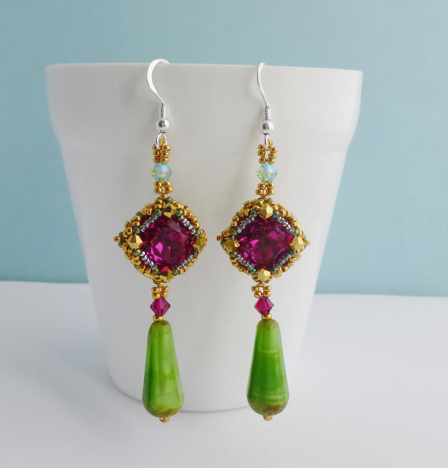 Green, Gold and Fuchsia Crystal Drop Earrings