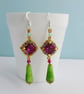 Green, Gold and Fuchsia Crystal Drop Earrings