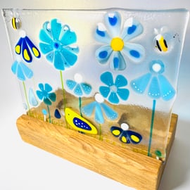 Retro style  fuse glass flower  panel in oak base- glass art