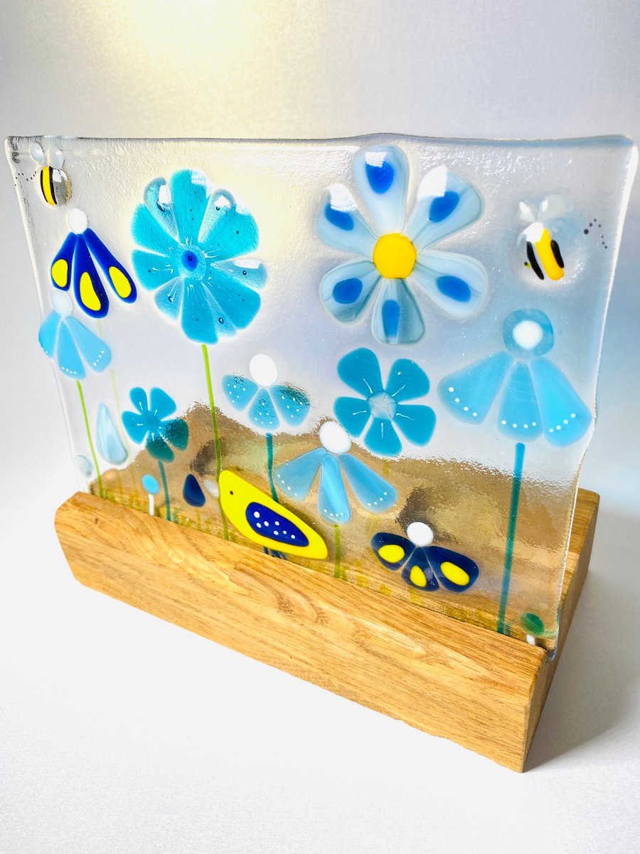 Retro style  fuse glass flower  panel in oak base- glass art