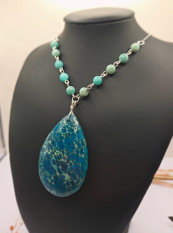 Large Teal Blue Sea Sediment Jasper Pendant Gemstone Necklace with Amazonite