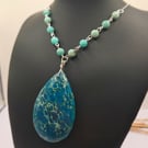 Large Teal Blue Sea Sediment Jasper Pendant Gemstone Necklace with Amazonite