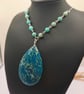 Large Teal Blue Sea Sediment Jasper Pendant Gemstone Necklace with Amazonite
