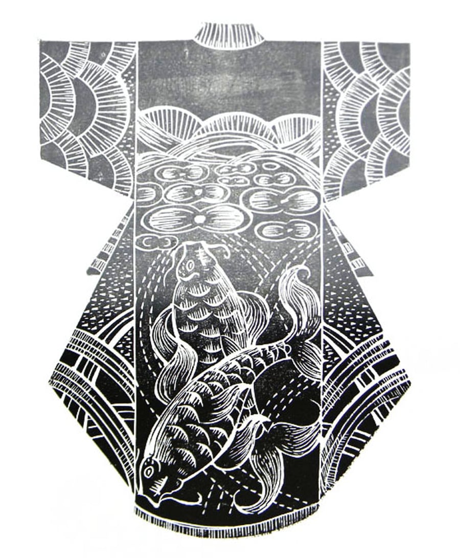 SALE Kimono Original Hand Printed Lino Cut Print
