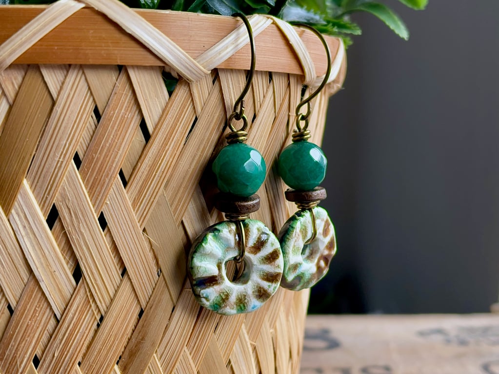 Rustic Green & Brown Artisan Ceramic Disc Earrings. One of a Kind Jewellery