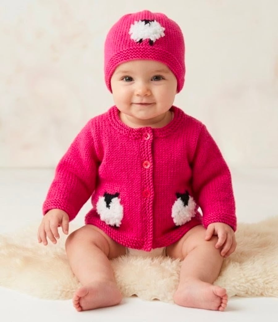 Knitting Pattern for Baby Sheep Cardigan and Hat for Boy or Girl.  Digital