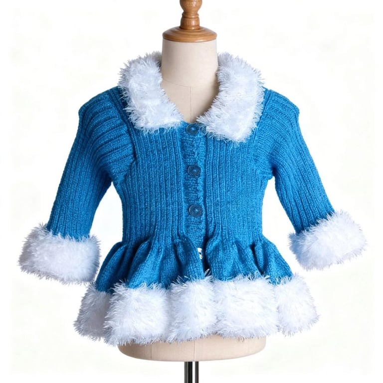 Hand-Knitted Sparkly Blue Peplum Cardigan for Girls, Fluffy Winter Sweater 2-4yr