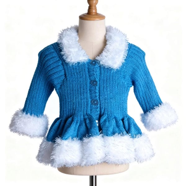 Hand-Knitted Sparkly Blue Peplum Cardigan for Girls, Fluffy Winter Sweater 2-4yr