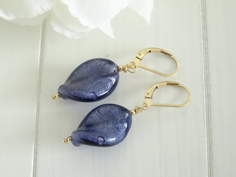 Murano Glass Earrings, Violet Earrings, Leaf Earrings, Blue Earrings.
