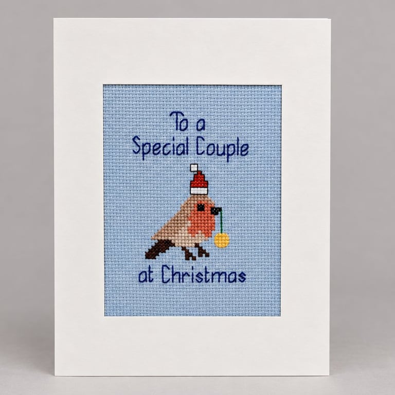Handmade Cross Stitch Special Couple Christmas Card – Festive Robin – 8 x 6 Inch