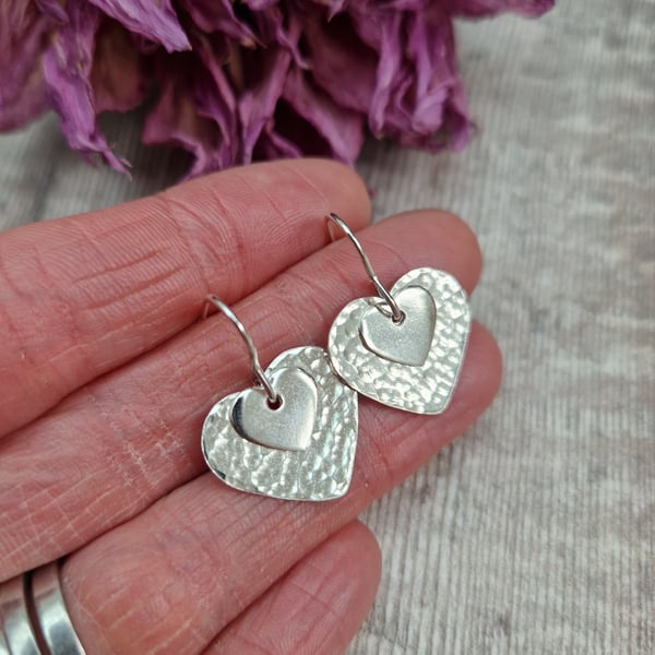 Sterling Silver Large Hammered Heart Earrings