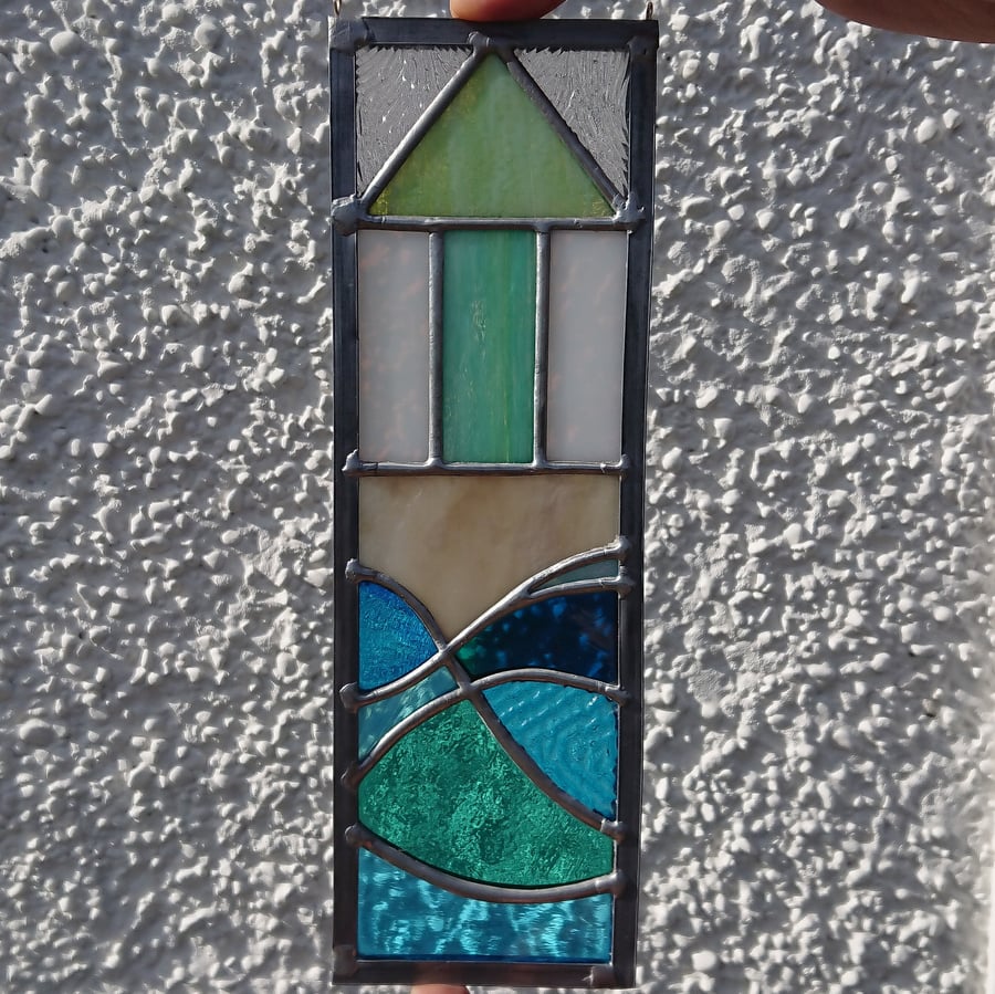 SOLD Stained glass single beach hut, beach and sea panel. Copperfoil and lead. 