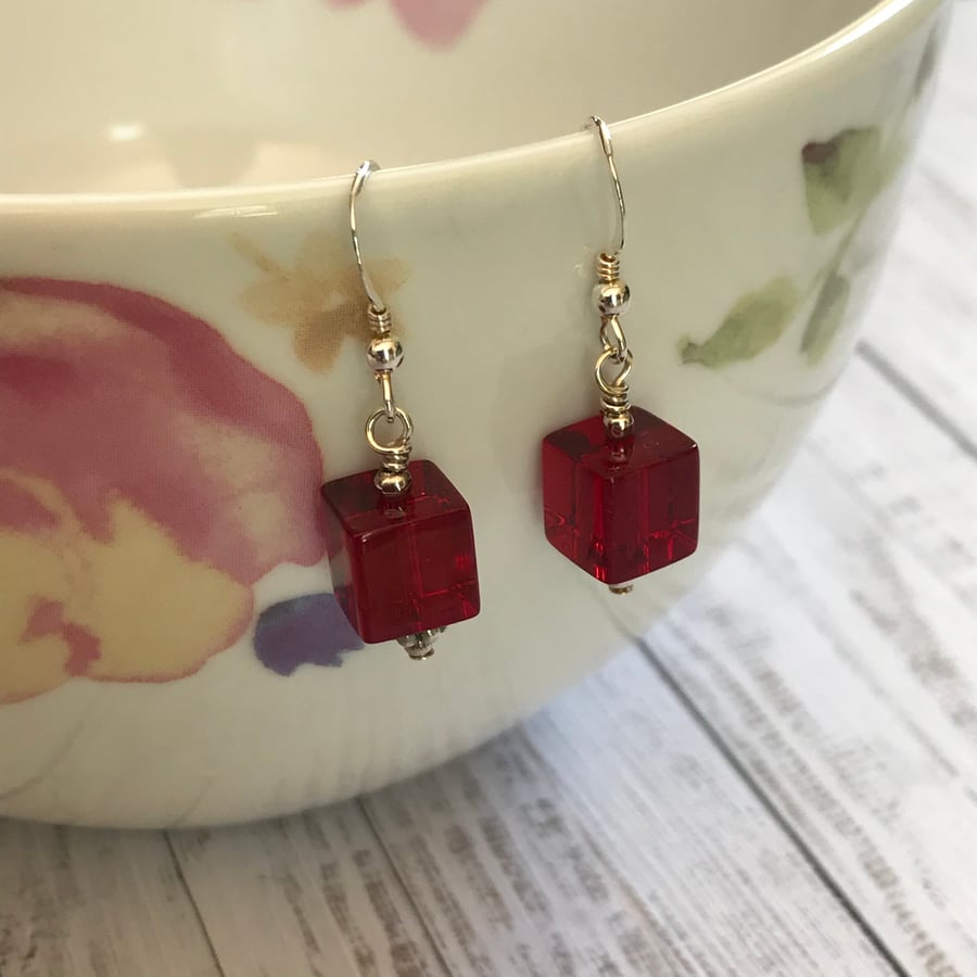Red glass beaded drop earrings, Red Earrings