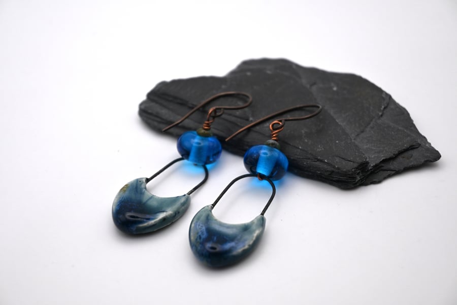 coper blue lampwork glass and ceramic earrings