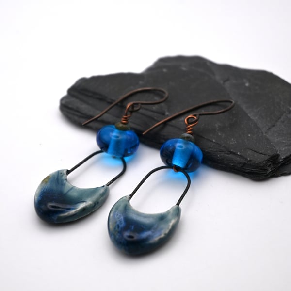 coper blue lampwork glass and ceramic earrings