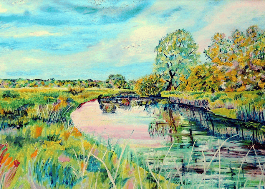 Fen River Landscape Greeting Card from Original Oil Painting 