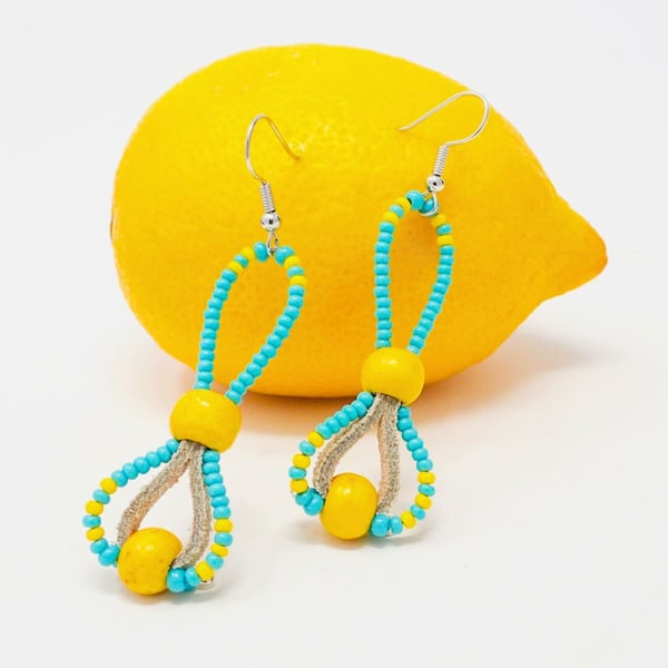 Bright Turquoise and Yellow Beaded Dangle Earrings
