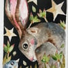 Mounted Original Watercolour Whimsical Hare Rabbit with Bird 