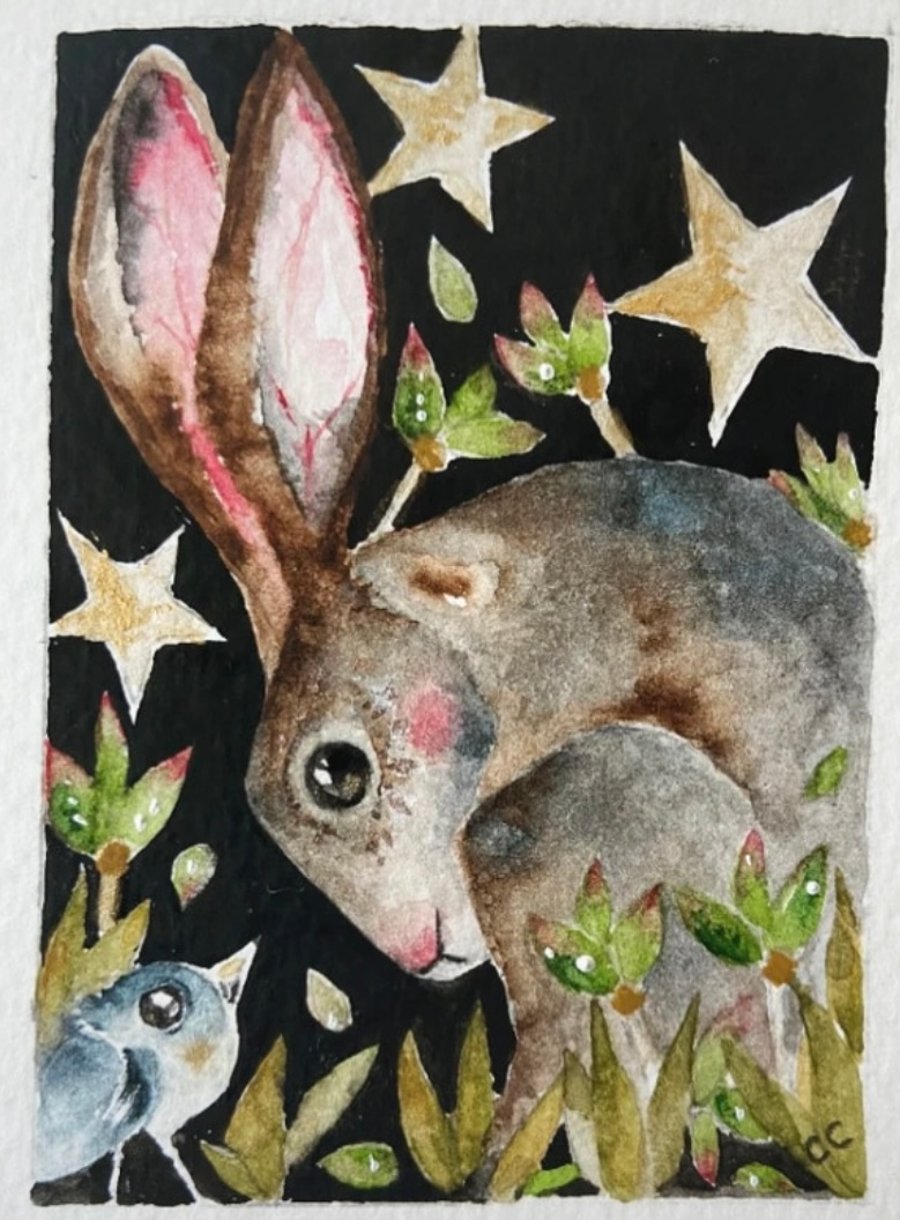 Mounted Original Watercolour Whimsical Hare Rabbit with Bird 