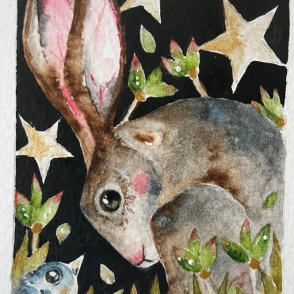 Mounted Original Watercolour Whimsical Hare Rabbit with Bird 