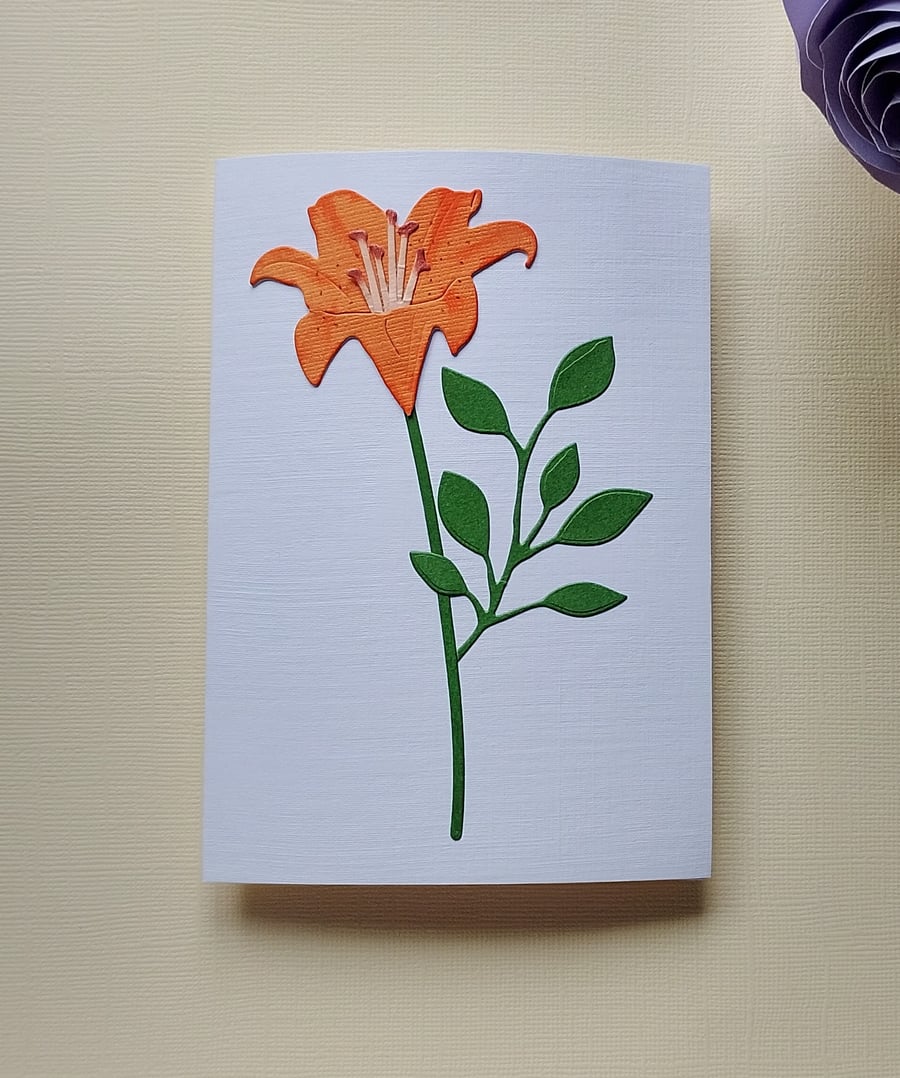 Orange Paper Lily - Flower Shop Moments, Blank Handmade Floral Card 