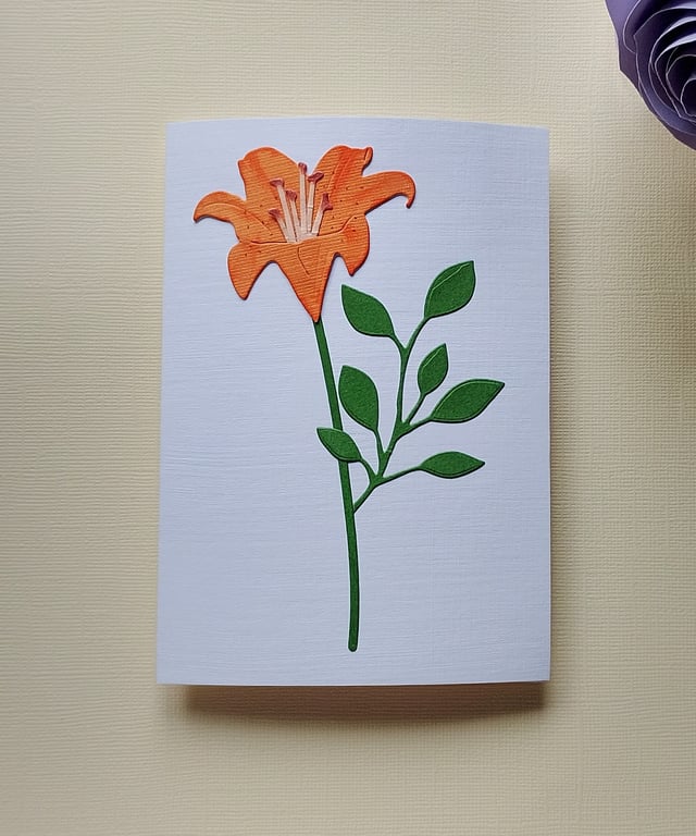 Orange Paper Lily - Flower Shop Moments, Blank Handmade Floral Card 