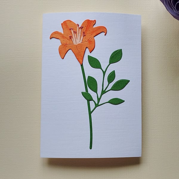 Orange Paper Lily - Flower Shop Moments, Blank Handmade Floral Card 