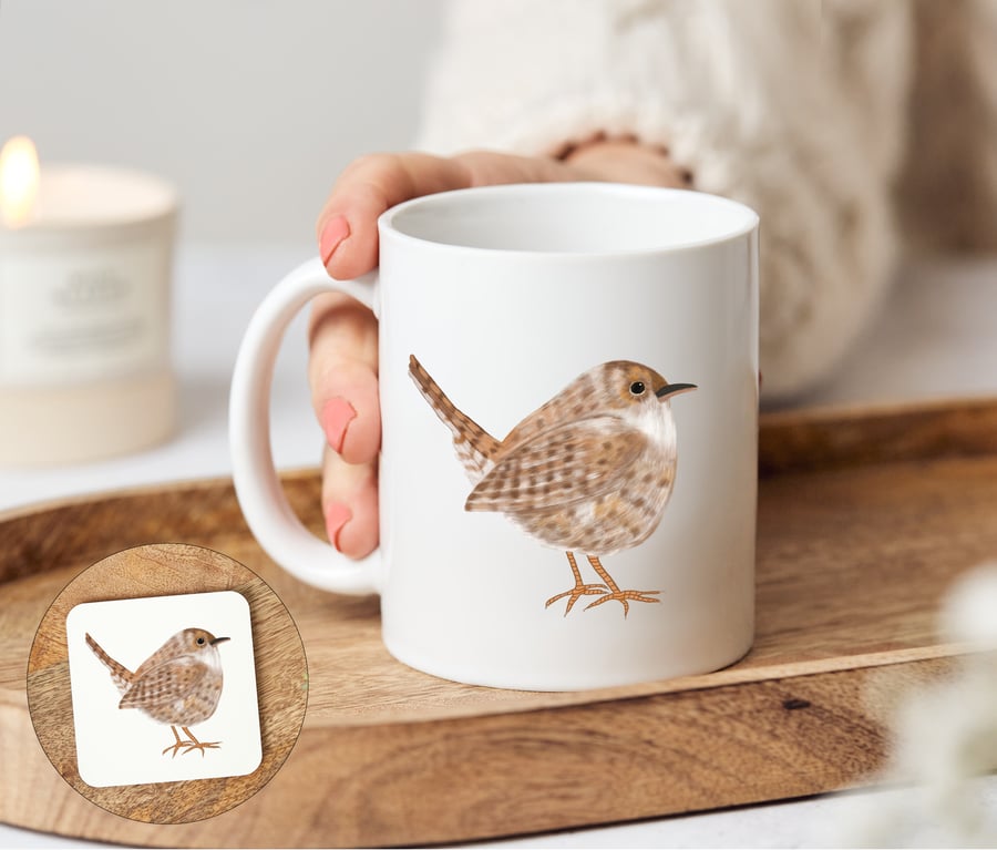 Wren Bird Mug and optional matching coaster, Willow the Wren