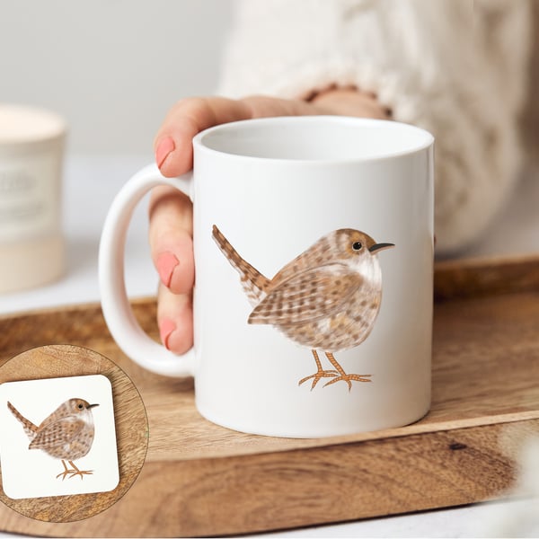 Wren Bird Mug and optional matching coaster, Willow the Wren