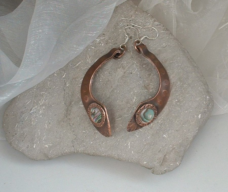 "Copper Cobra"  Rustic Artisan Earrings with Mother of Pearl