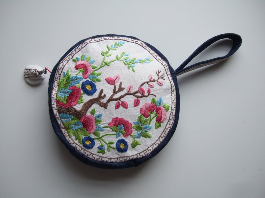 Circular shoulder bag, occasions bag or clutch bag. Vintage hand sewn embroidery