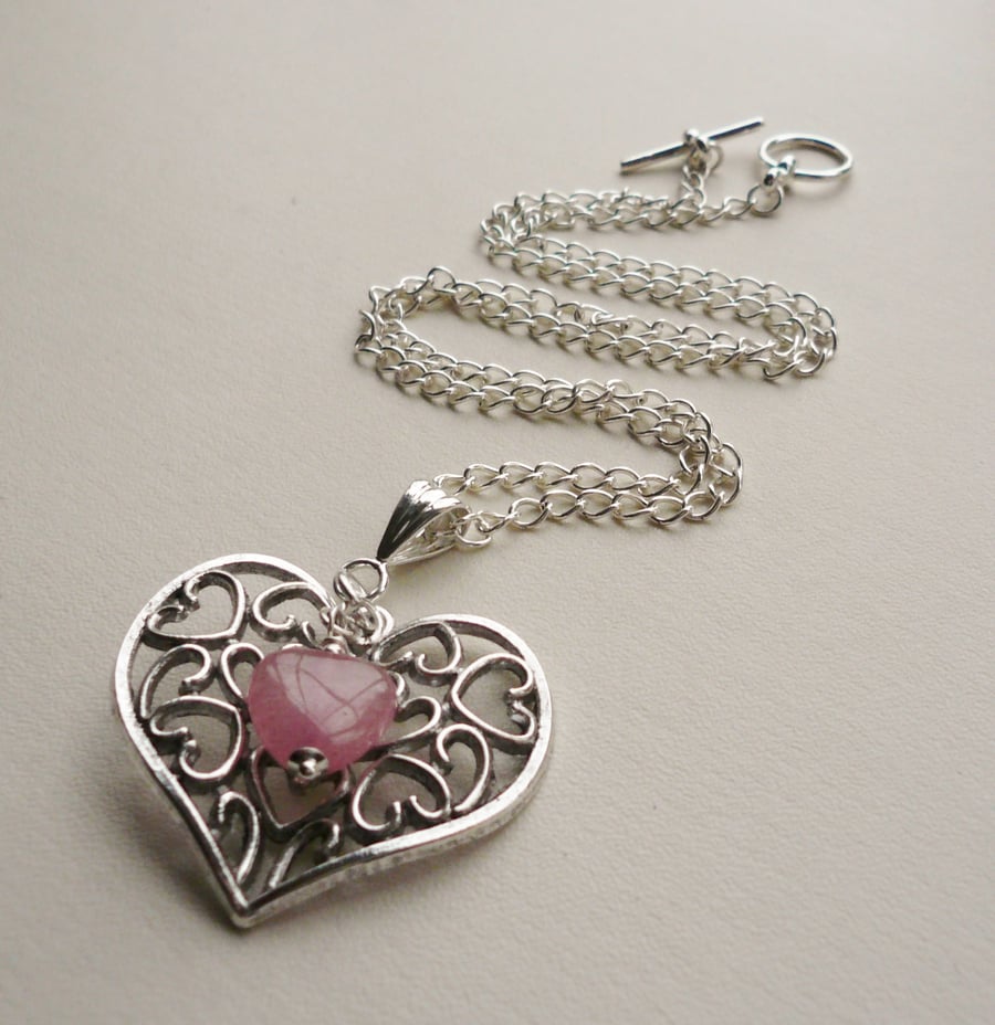 Tibetan Silver and Pink Glass Heart Pendant Necklace   KCJ1243