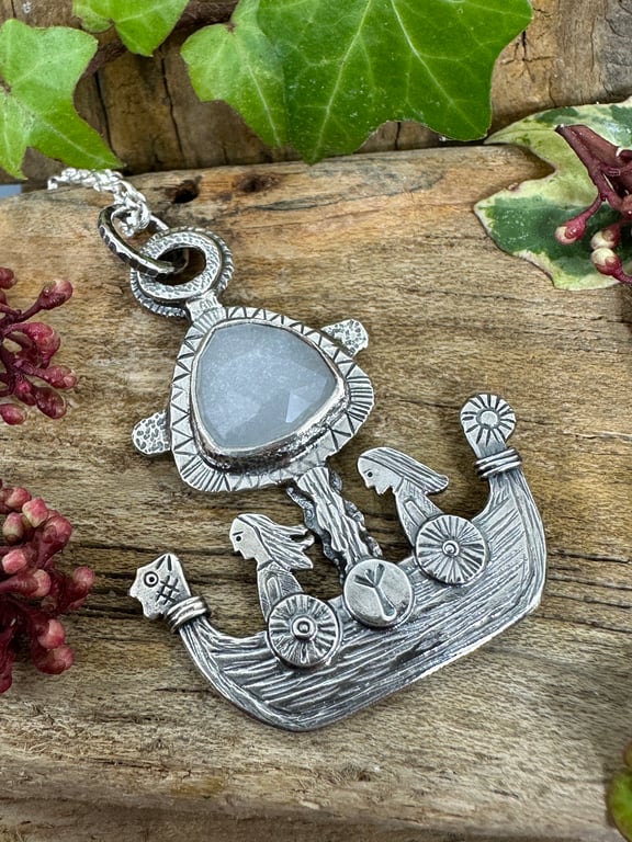 New Horizons Viking Ship Pendant with Silky Grey Moonstone