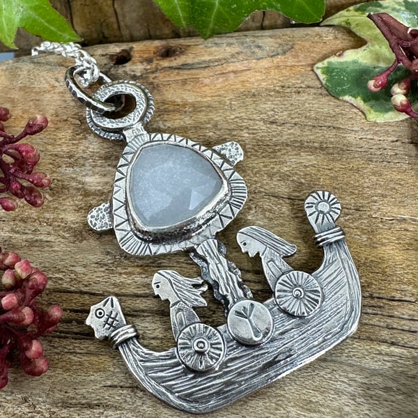 New Horizons Viking Ship Pendant with Silky Grey Moonstone
