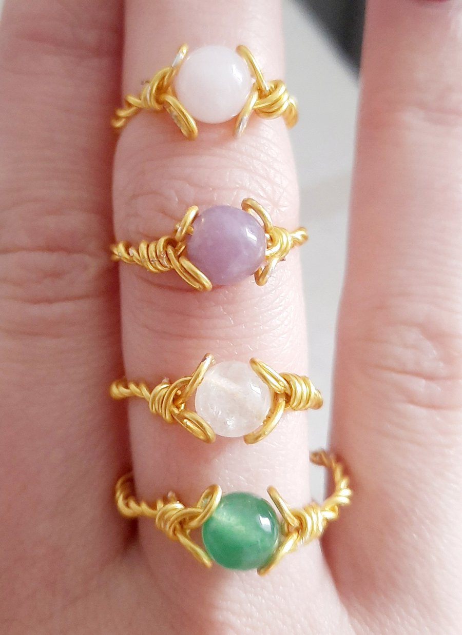 Elegant gold custom handmade wire wrapped dainty crystal rings