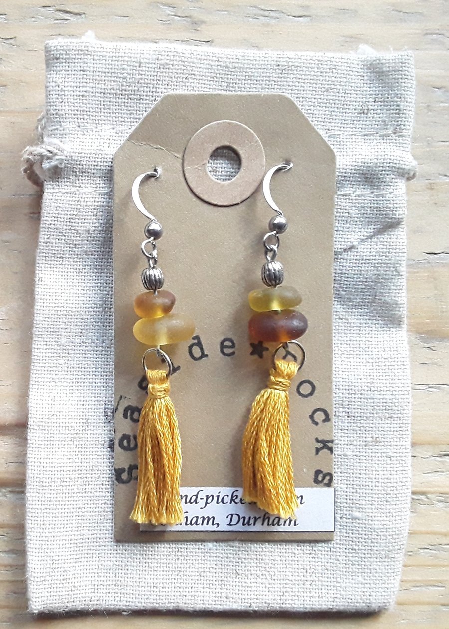 Rare Yellow Seaglass & Tassel Earrings