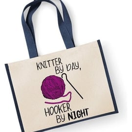 Knitter By Day Hooker By Night Large Shopper Canvas Bag Funny Rude Knitting Joke