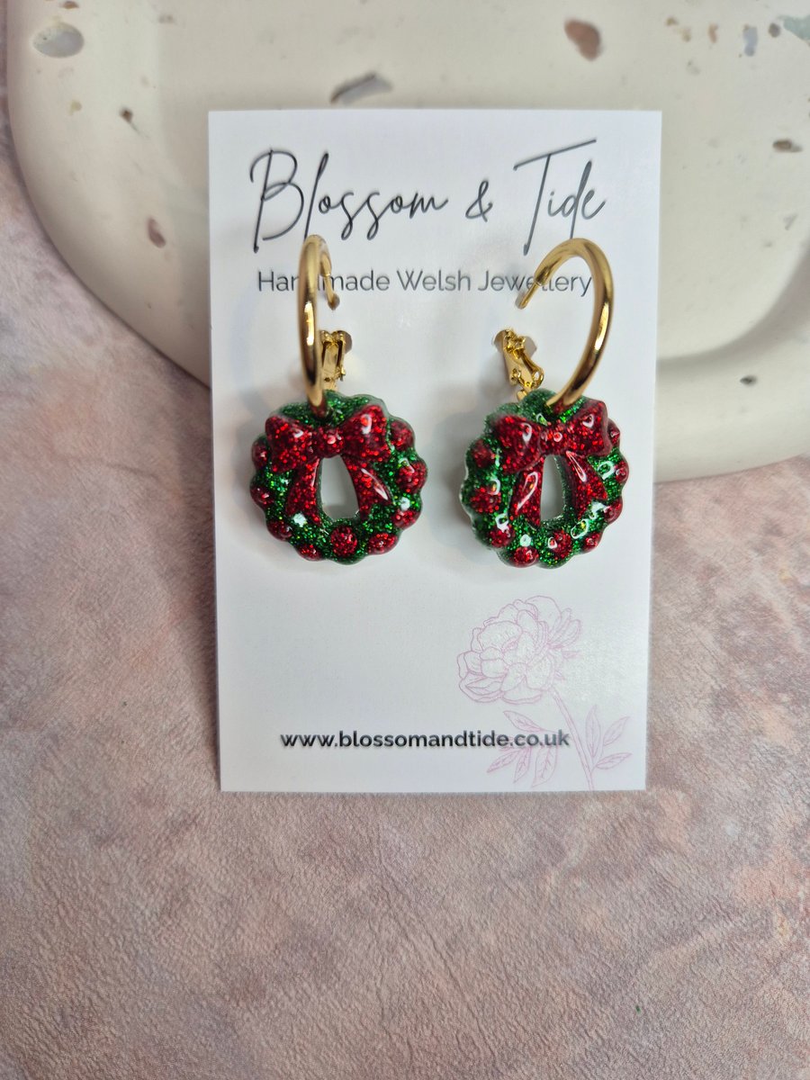 Christmas Glitter Wreath Earrings - Red & Green Festive Hoops