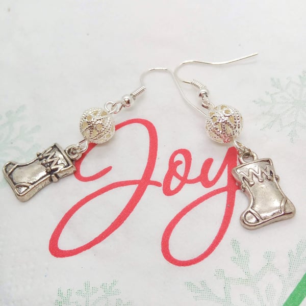 Silver Plated Christmas Stocking Charm and Silver Filigree Bead Earrings