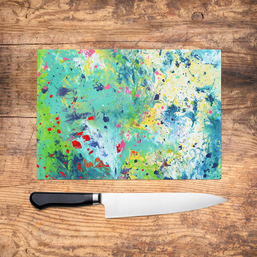 Lily Pond Abstract Fluid Art Glass Chopping Board - Worktop Saver, Platter, Tray