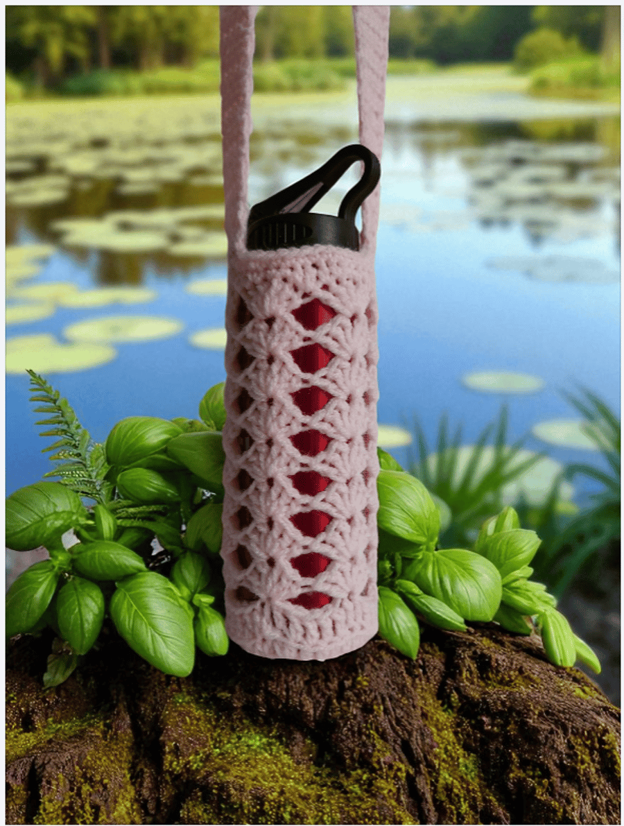 Hand Crochet Water Bottle Holder Crossbody Water Bottle Carrier - Soft Pink