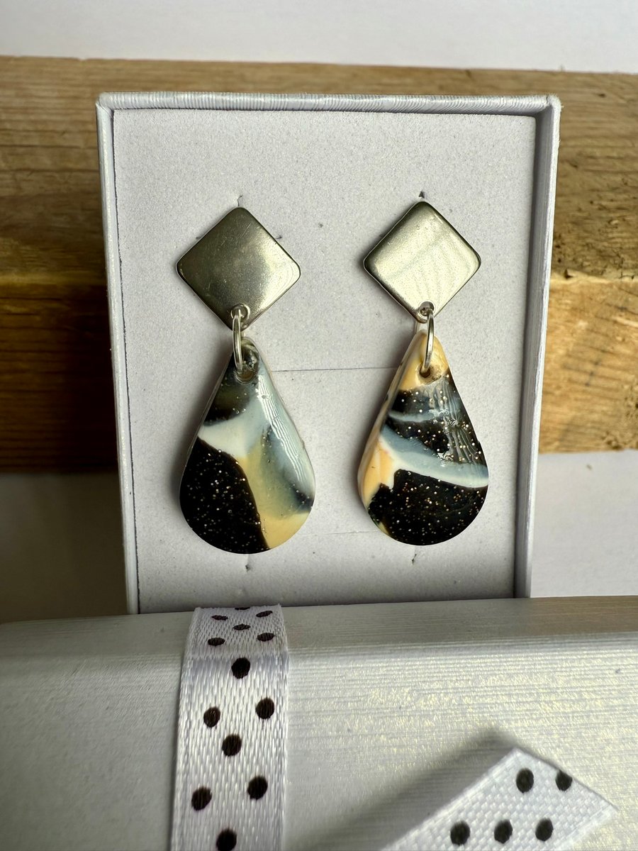 Teardrop Polymer Clay Handmade Earrings on Diamond Shaped Stainless Steel Stud