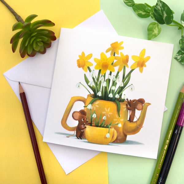 Tea and Springtime Blank Greetings Card Mouse Daffodil and Snowdrop Card