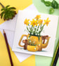 Tea and Springtime Blank Greetings Card Mouse Daffodil and Snowdrop Card