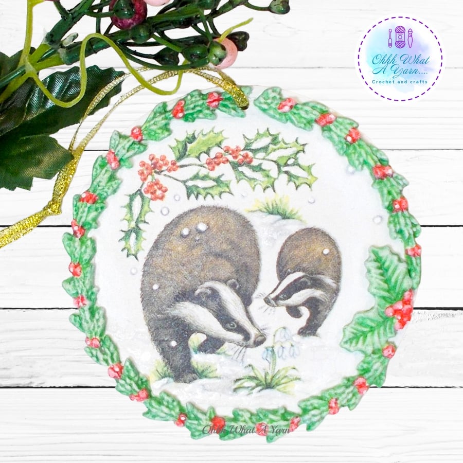 Badger mixed media hanging decoration. Badger ornament. Badger decoration.