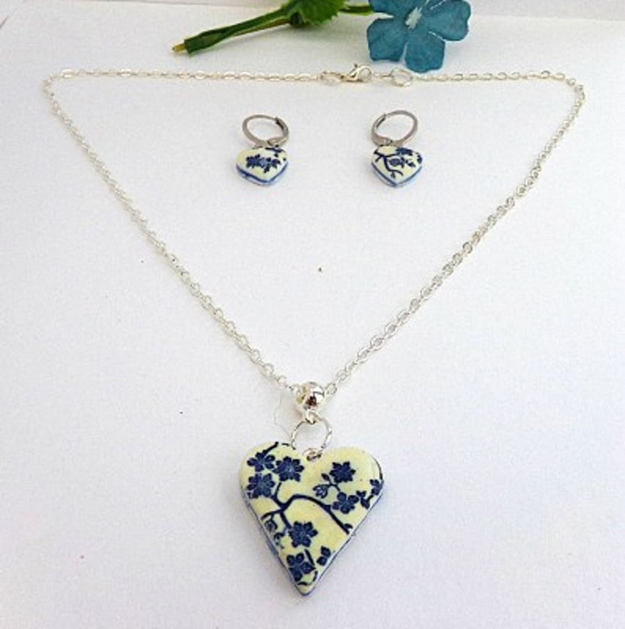Blue Floral Heart Pendant and Earrings Set.