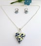 Blue Floral Heart Pendant and Earrings Set.