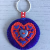 Embroidered Blue Heart Keyring or Bag Charm