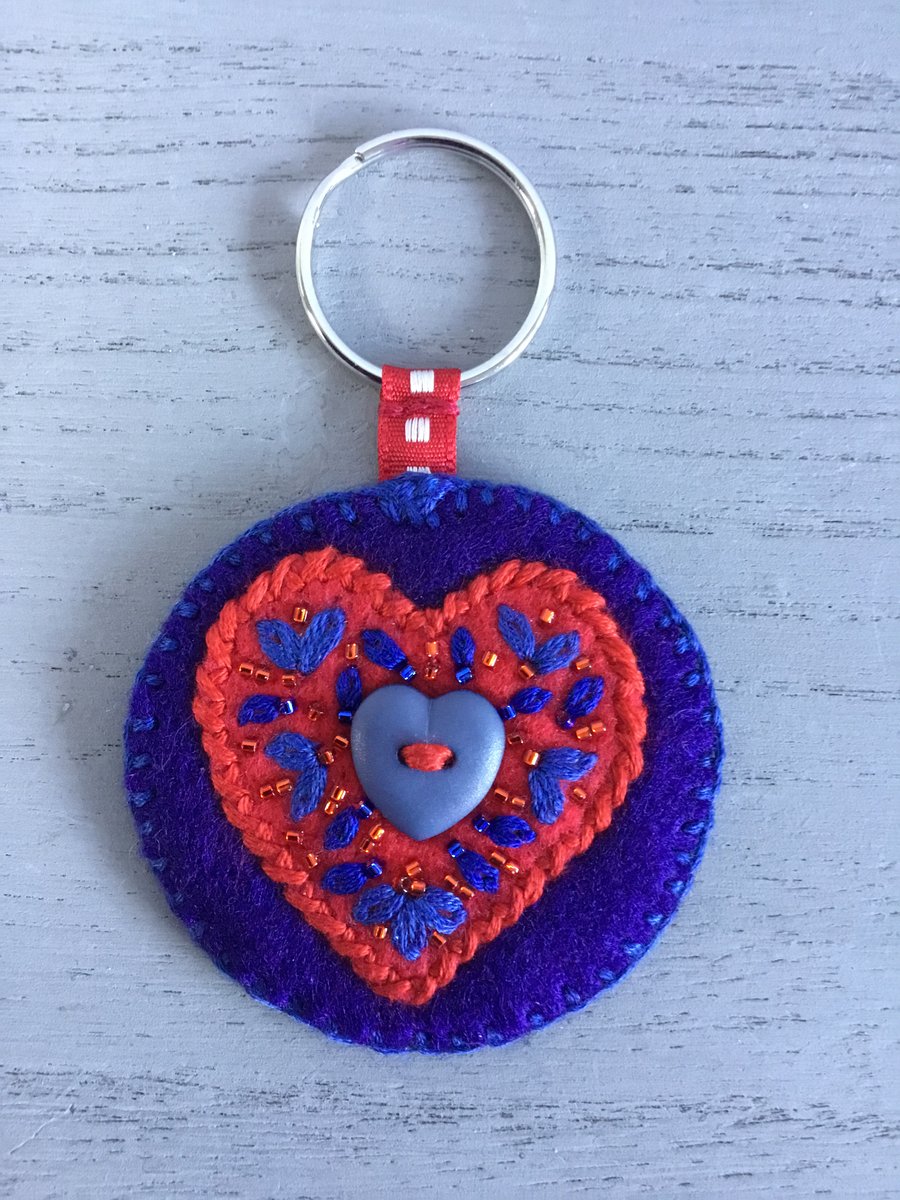 Embroidered Blue Heart Keyring or Bag Charm