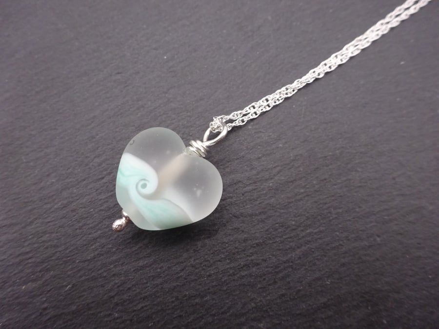 lampwork glass green swirl heart pendant necklace, sterling silver chain